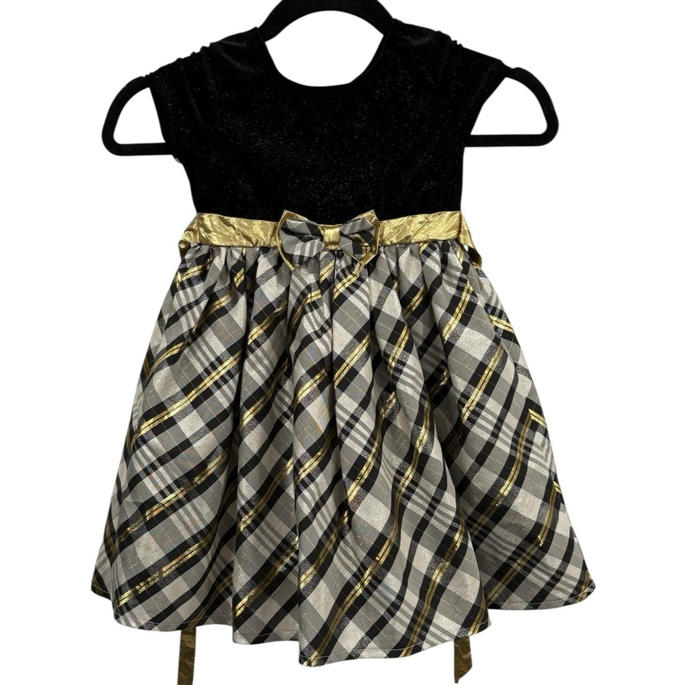 Nannette Kid Dress 8 Black Velvet Plaid Gold Bow Cap Sleeve Crinoline Shine Gray